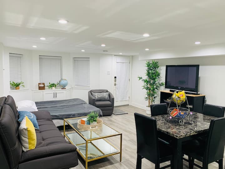 Dinning, fully stocked kitchen, abundant lighting are all Part of the open concept living area, relax on the swivel-ready accent chair. Two portable Twin-XL memory foam beds for your luxury and convenience. The Bay windows have street view. 