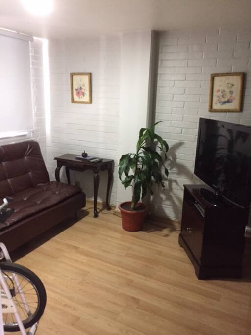 Estudio con sofá cama, televisión y caminadora