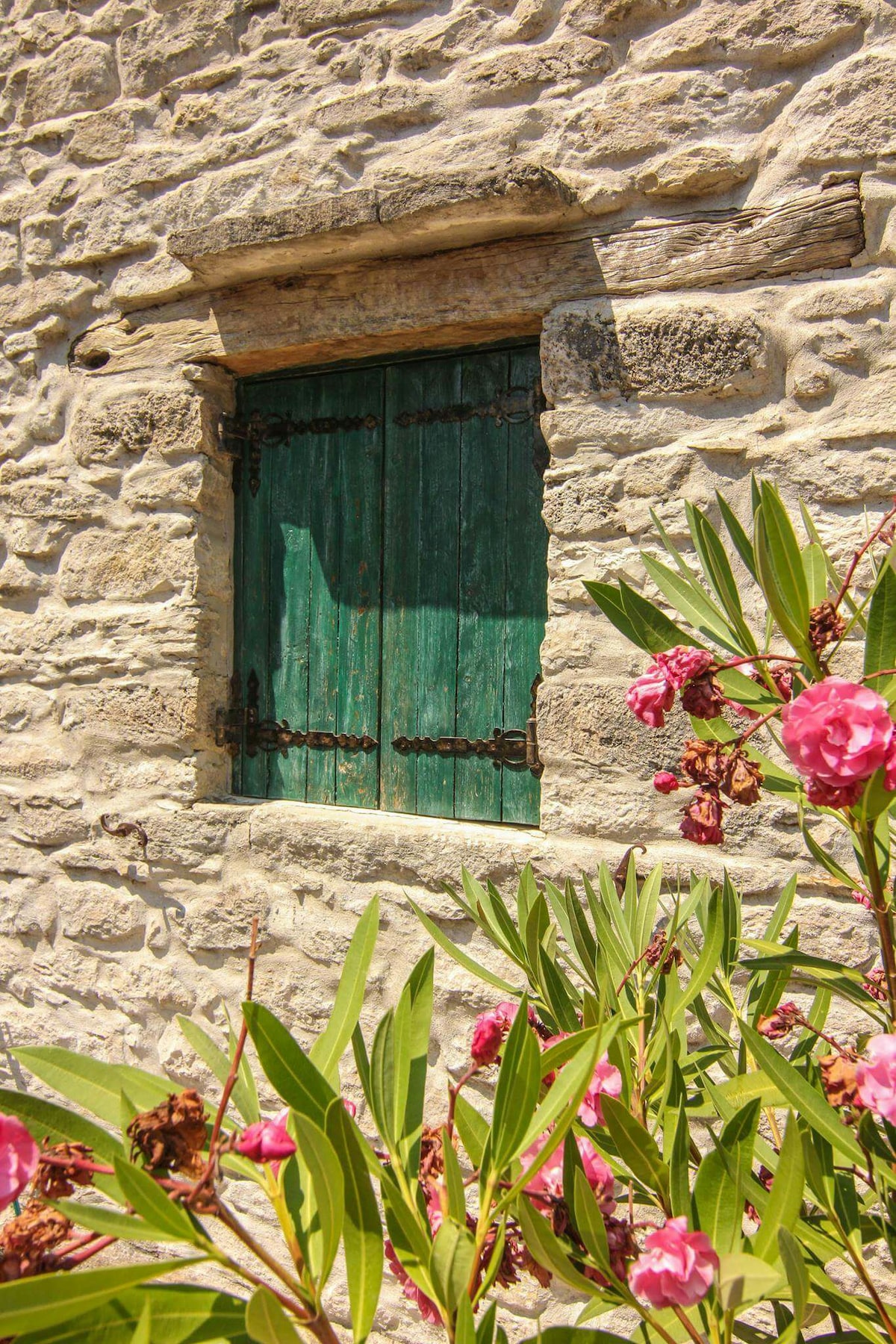 The image features a weathered stone wall with a rustic wooden window frame featuring green shutters. Vibrant pink flowering plants are positioned in the foreground, adding a touch of color to the natural stone backdrop.