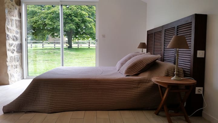 суит с баня и тоалетна с изглед към градината