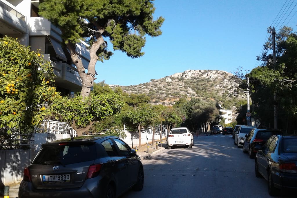 Apartment building entrance, looking left towards the mountain.