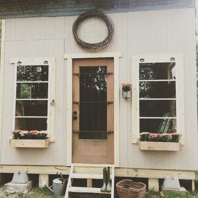 All the windows and door are reclaimed from a local salvage store