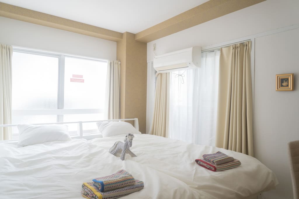 two single beds, hot and cold air conditioner in bedroom 1