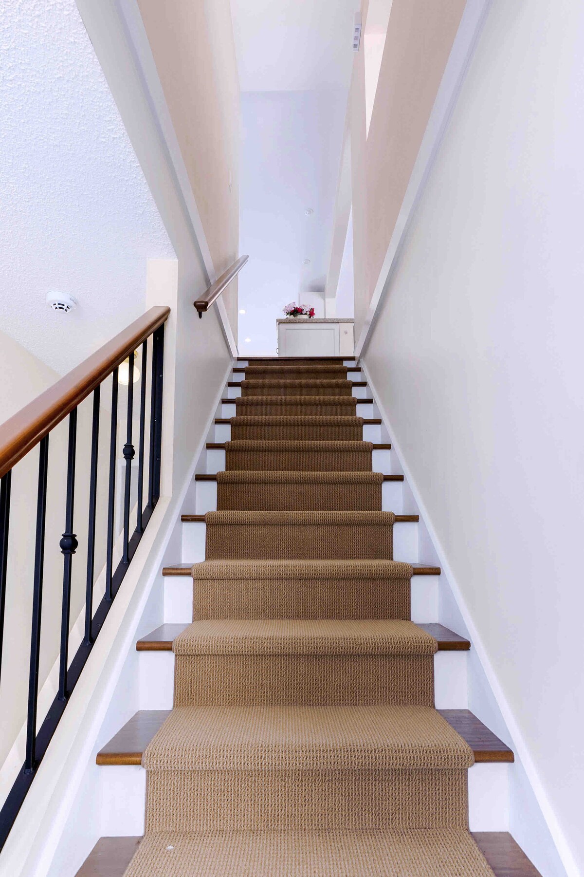 A well-lit staircase features a carpet runner, guiding the way to the upper level. The walls are painted in a light color, complemented by wooden handrails and metal balusters. Natural light streams in from above, highlighting the clean lines of the space.