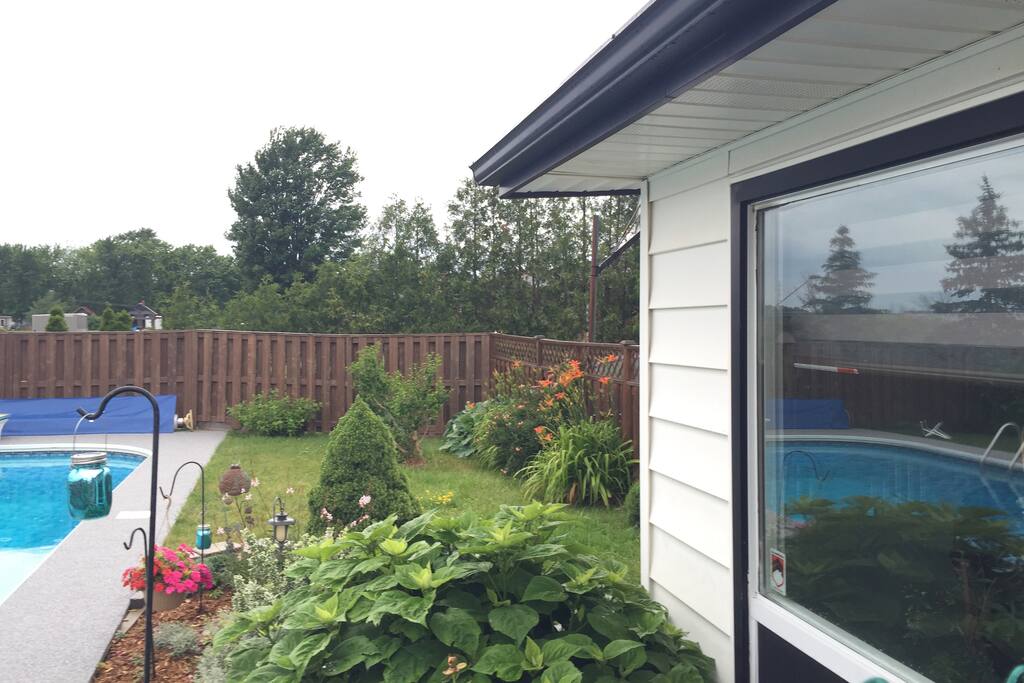 Beautiful backyard with pool and bug free enclosed Cabane with built in fire pit for evening bonfires.
