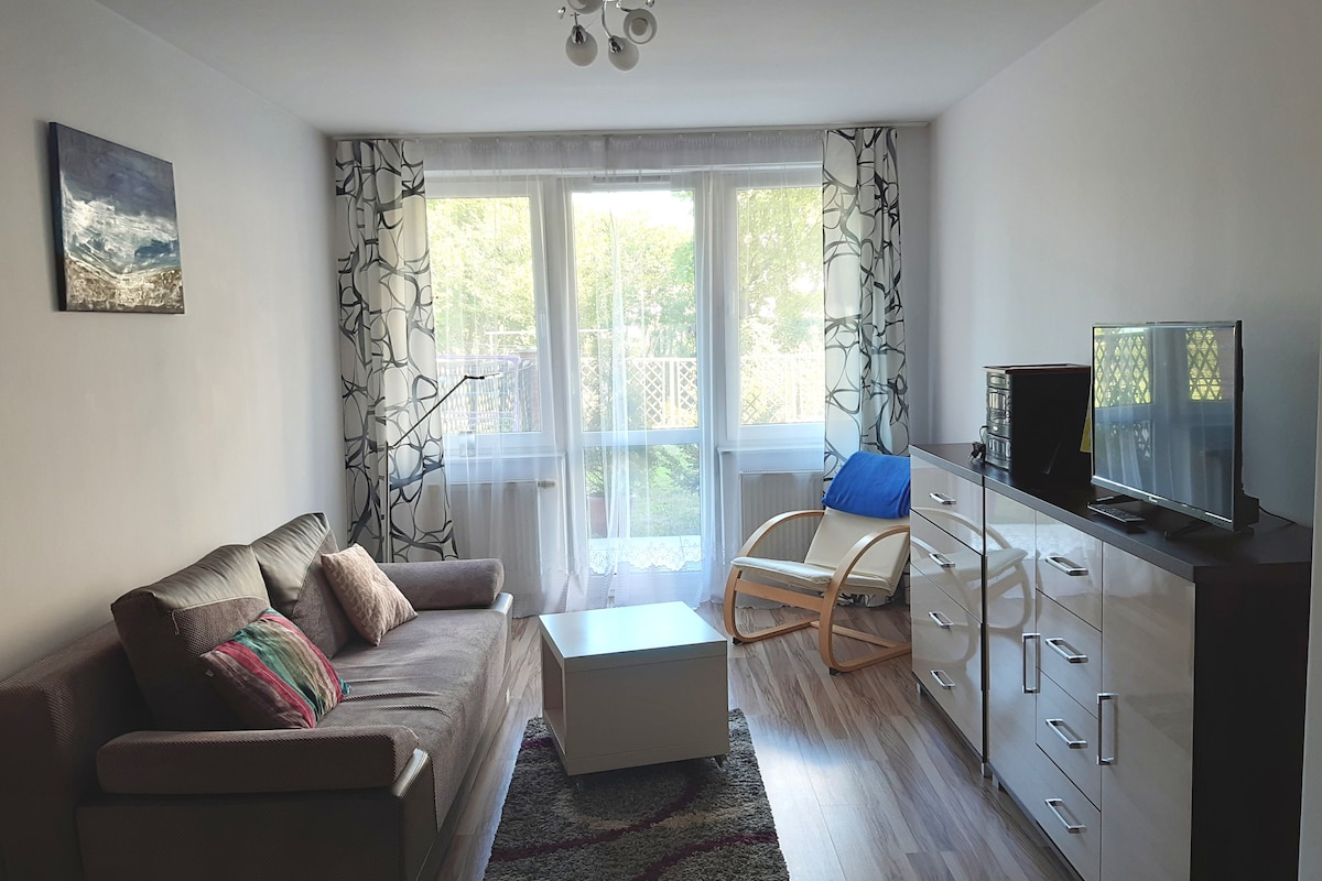A modern living area features a comfortable sofa and a wooden rocking chair beside a white coffee table. Natural light enters through large windows adorned with sheer curtains, providing a view of the garden outside. A stylish entertainment unit and an artwork add character to the space.