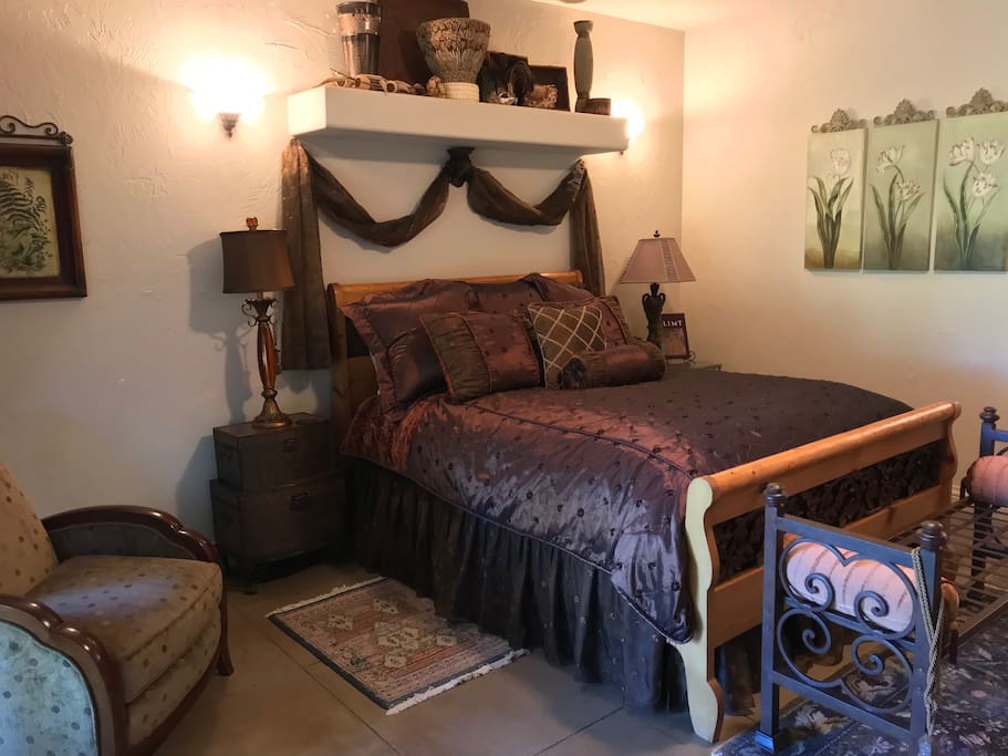 Comfy queen size bed. Each room has a private balcony and a fireplace!