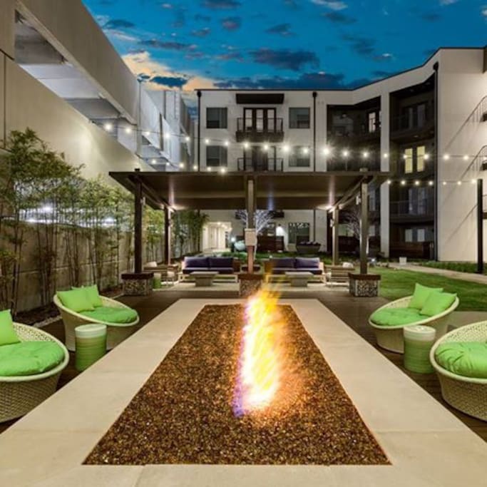 Courtyard view from small 2nd story balcony. Movies are projected occasionally.