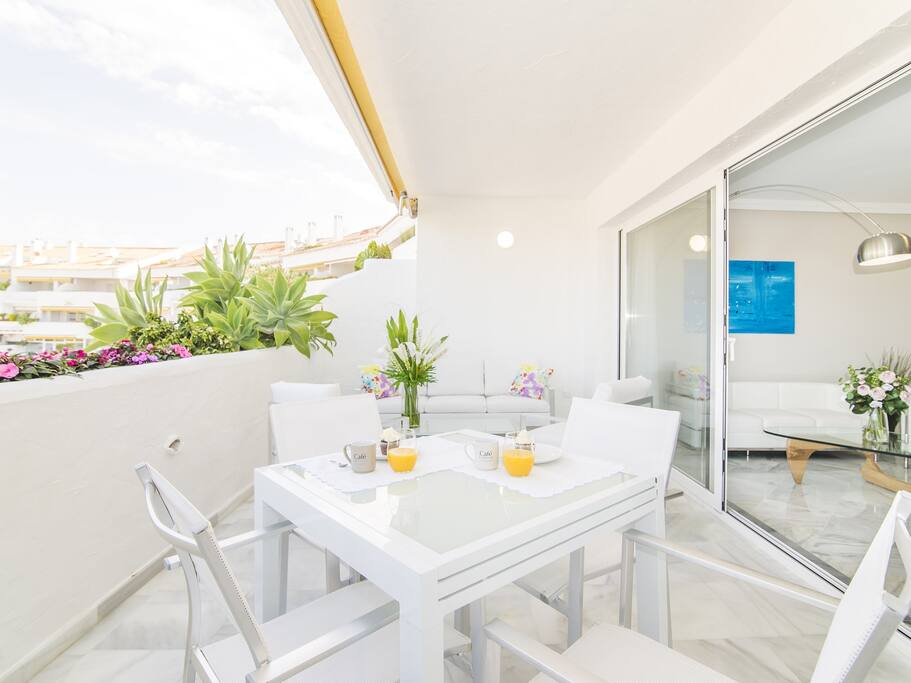 Spacious terrace, with dining area and lounge zone