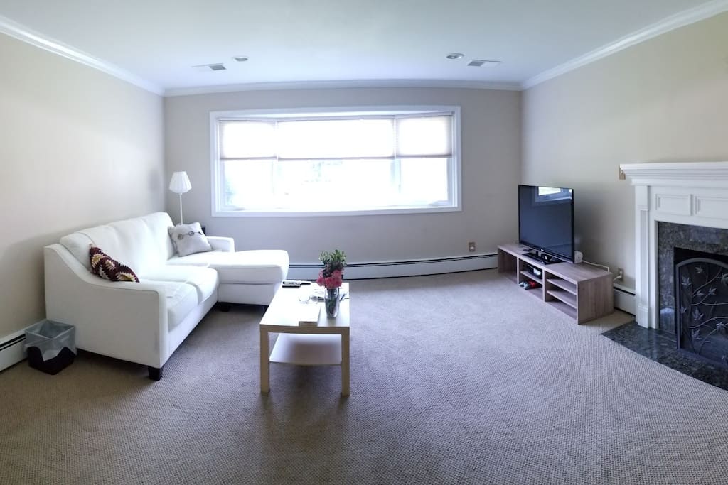 Living room with fireplace and TV. Up to 2 queen and 1 twin sized air mattresses available upon request.