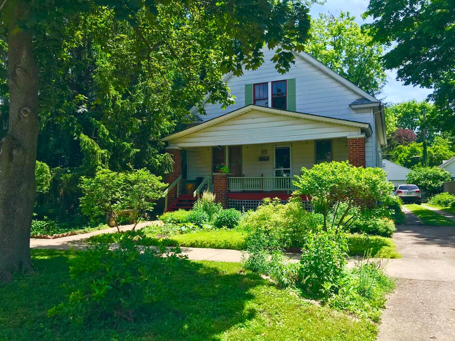 Cheerful front yard with established landscaping