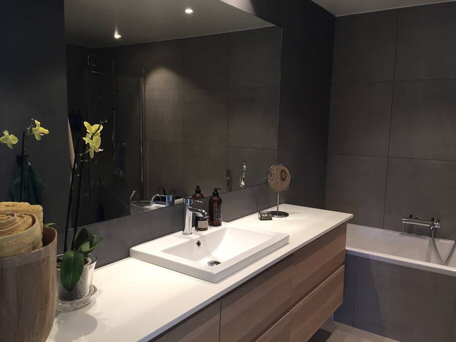 Bathroom with bathtub and separate shower