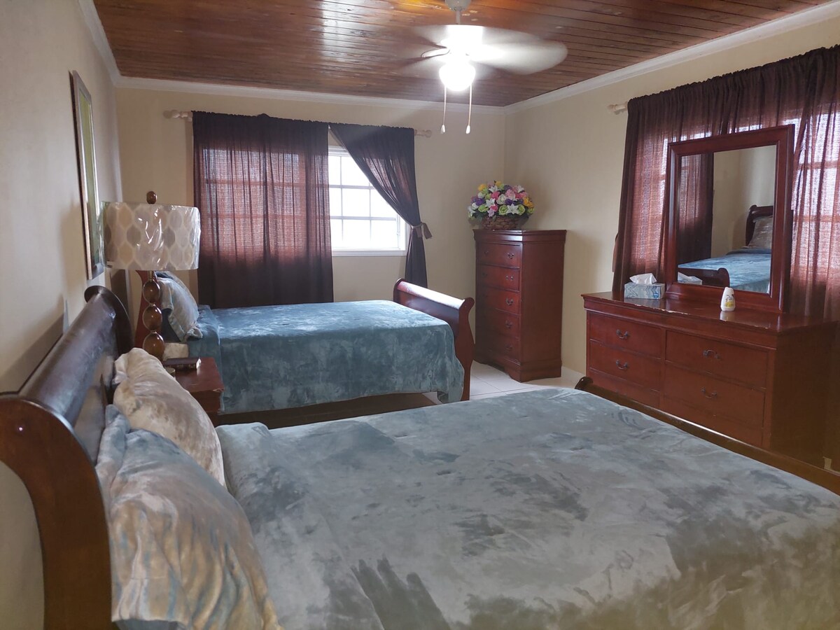 A room features two spacious beds with soft blue bedding, complemented by decorative pillows. A large dresser is positioned against one wall, while a mirror reflects the room's natural light filtering through curtained windows. A small floral arrangement adds a touch of color.