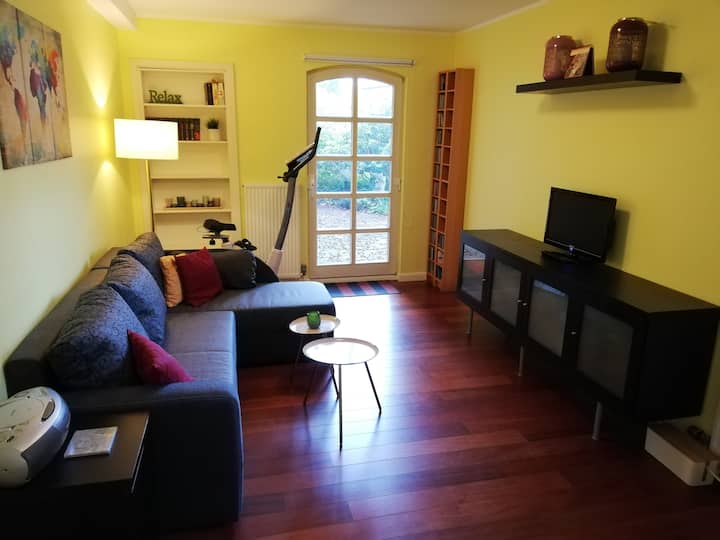 Das Wohnzimmer der Ferienwohnung mit Schlafsofa, Fernseher (es gibt mittlerweile einen größeren Fernseher, s. späteres Foto), Hometrainer und Kinderecke.