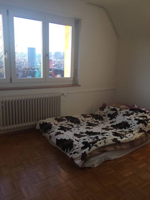 Guestroom with the double bed and a beautiful view over zurich city