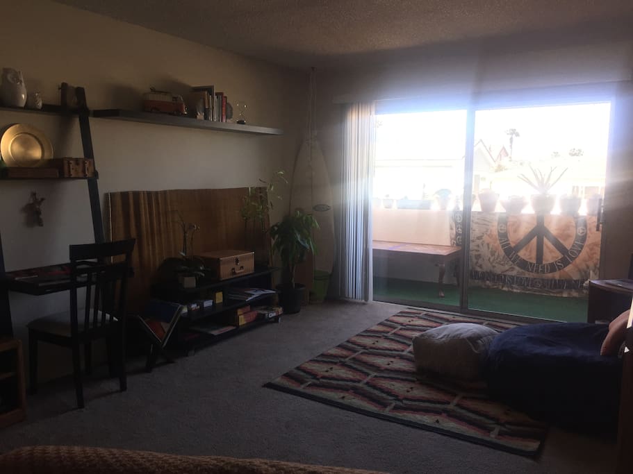 Cozy and quaint living room with bean bag, reclining chair, desk, Settlers of Catan, bookshelf, record player, and a patio full of succulents that faces west with outdoor hammock!