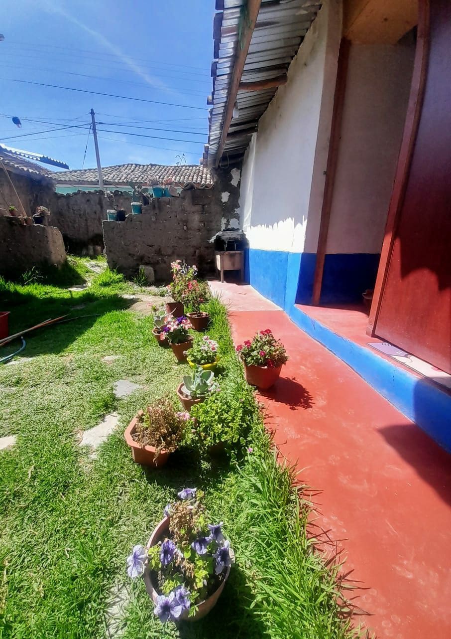A garden path lined with potted flowers leads to a charming entrance. Brightly colored pots contain various blooms, adding color to the green grass. A modest exterior of the building can be seen, with simple architectural features under clear blue skies.