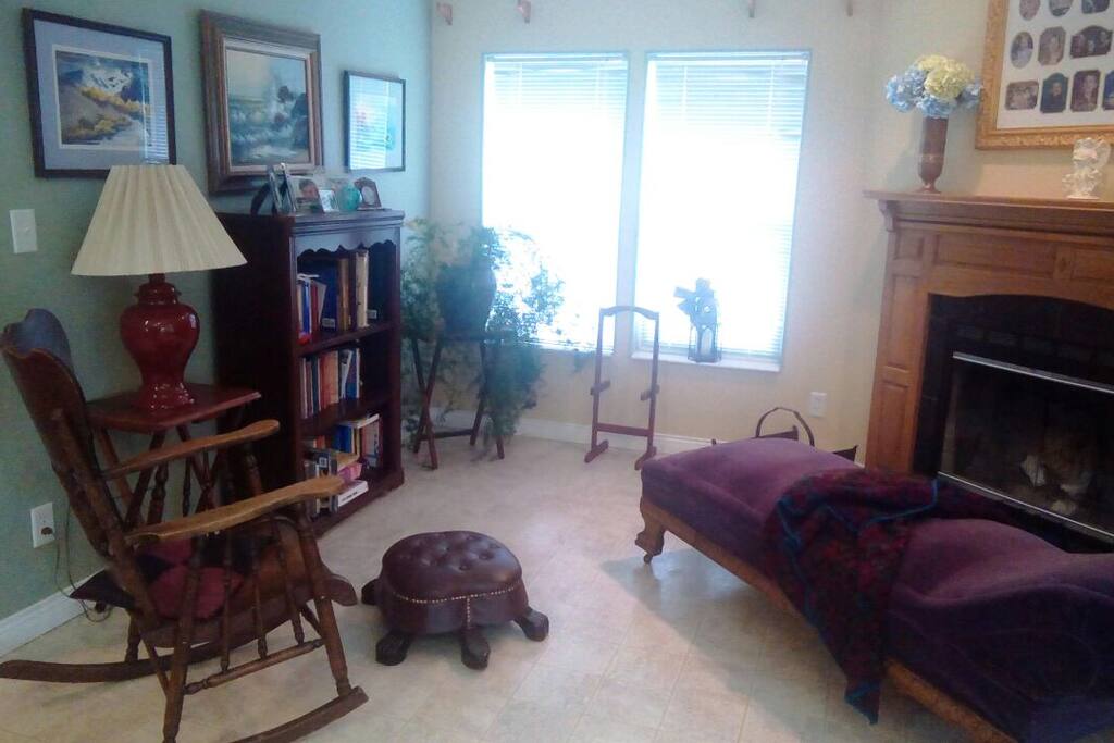 Fireplace and reading room.