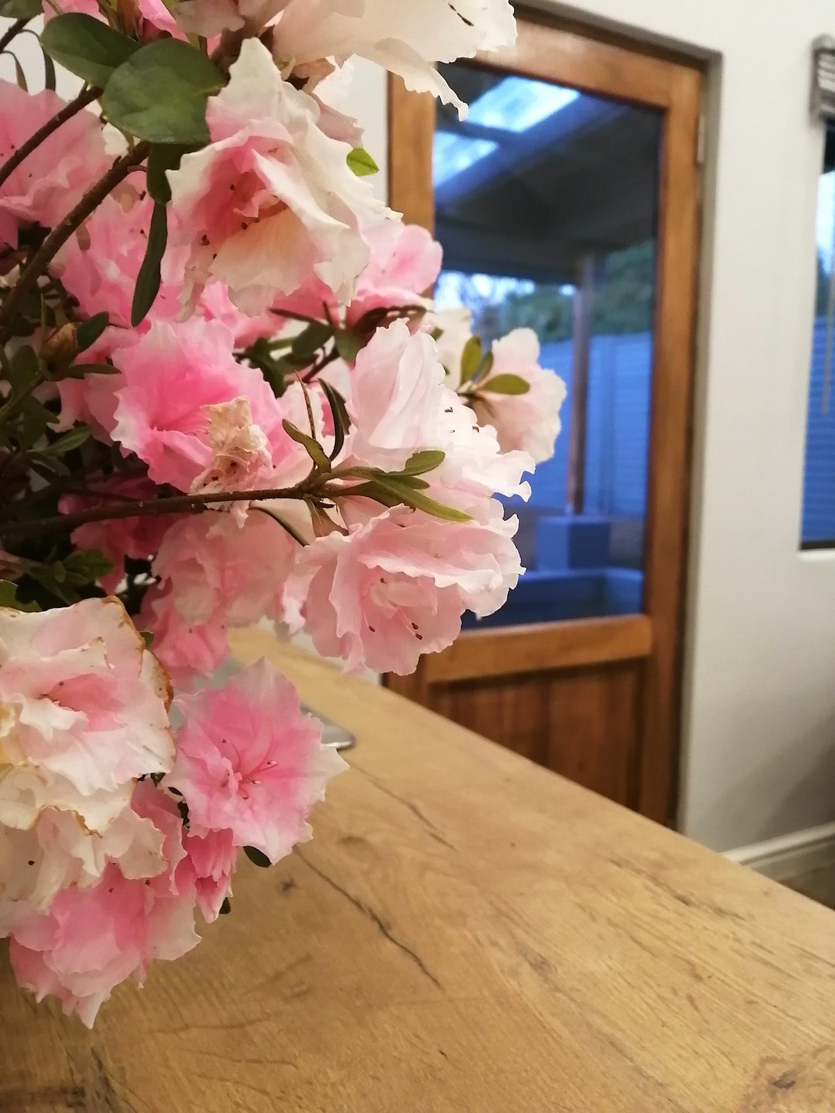 A wooden table adorned with a vibrant arrangement of pink flowers is positioned in the foreground. A doorway leading to an outdoor space is visible in the background, framed by soft lighting and the natural tones of the cottage.