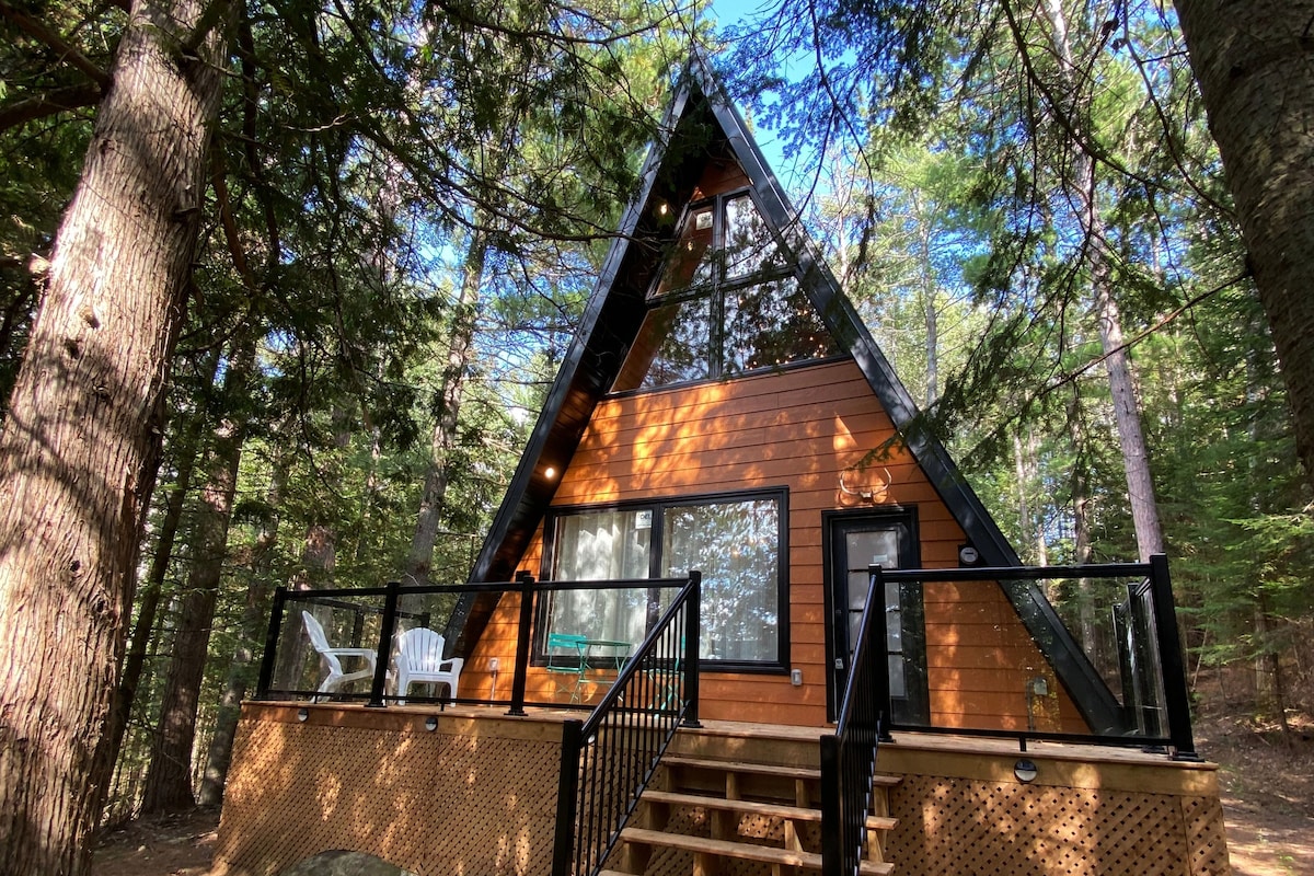 The A-frame cottage is nestled among tall evergreen trees, showcasing a blend of wooden and glass finishes. A deck with two chairs is visible, offering a welcoming entryway along with large windows that invite natural light into the interior.