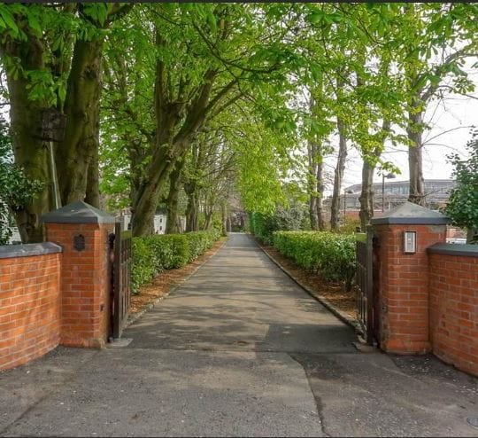 A welcoming entrance is framed by tall, leafy trees lining a brick pathway. The path is bordered by neatly trimmed hedges, leading to an inviting atmosphere. Red brick pillars stand at the entrance, providing a charming contrast to the greenery.