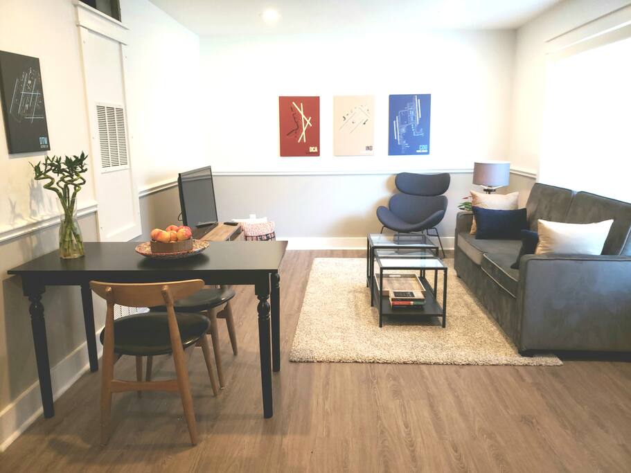Living room, 50" TV w/cable and HBO, Google Home, sofa folds out to a full-sized bed