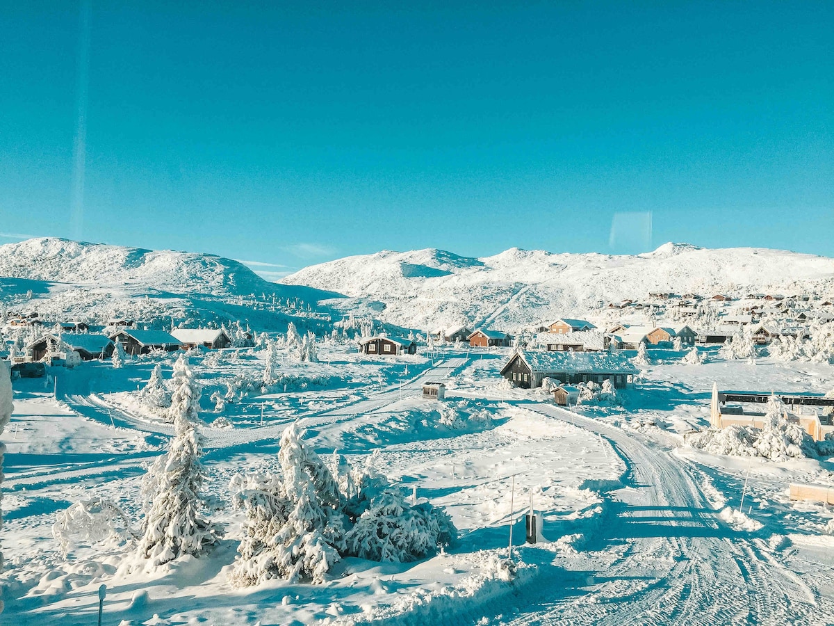 A winter landscape showcases a vast expanse of snow-covered ground, dotted with quaint cabins and trees. Majestic mountains rise in the background under a clear blue sky, creating a serene atmosphere. The scene highlights the tranquility of nature's snowy beauty.