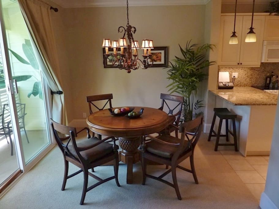 Dining area table has a leaf to seat six