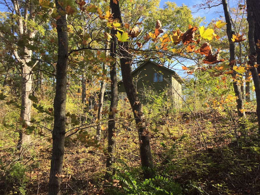 The cottage stands on a 75 foot cliff overlooking a beautiful view, especially in the fall!