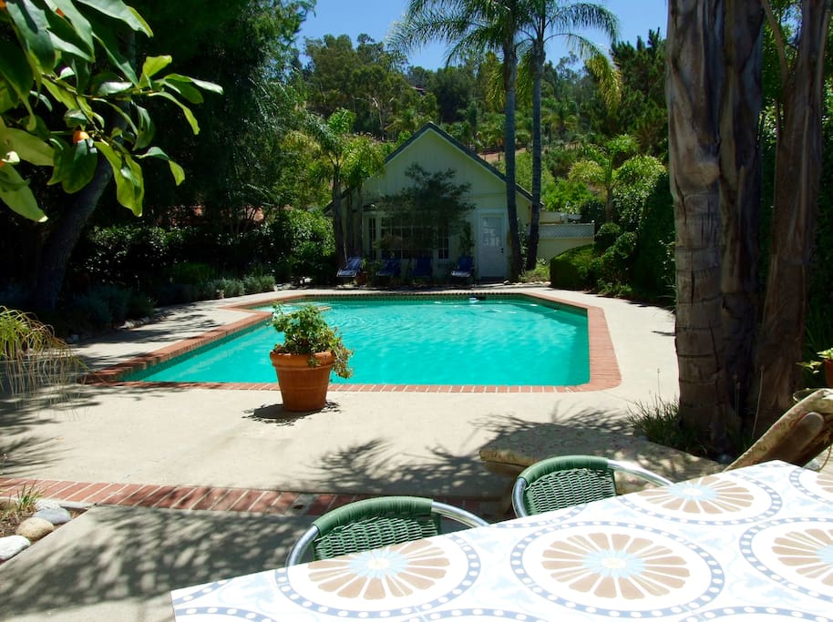 Swim all year in the 40' heated pool with spa. Looking from Master Suite wing to guesthouse.