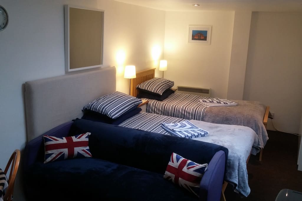 View of the studio, with the Bedroom area setup as 2 single beds