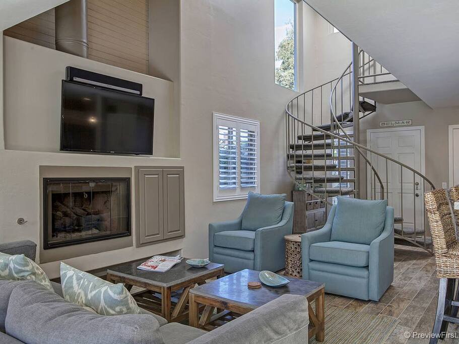 A 55” smart TV with a Blu-ray player and premium cable channels awaits in the living room