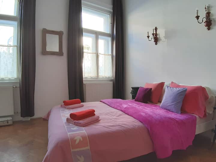 Jedna z vašich 3 spální. S 2 veľkými oknami na pešej ulici plnej historických eklektických predvojnových budov a skvelých barov, miestnych reštaurácií vzdialených len pár krokov. Prejdite sa kamkoľvek, vráťte sa v priebehu niekoľkých minút! Super centrálna poloha!!! Veľa svetla! Cíťte sa dobre!