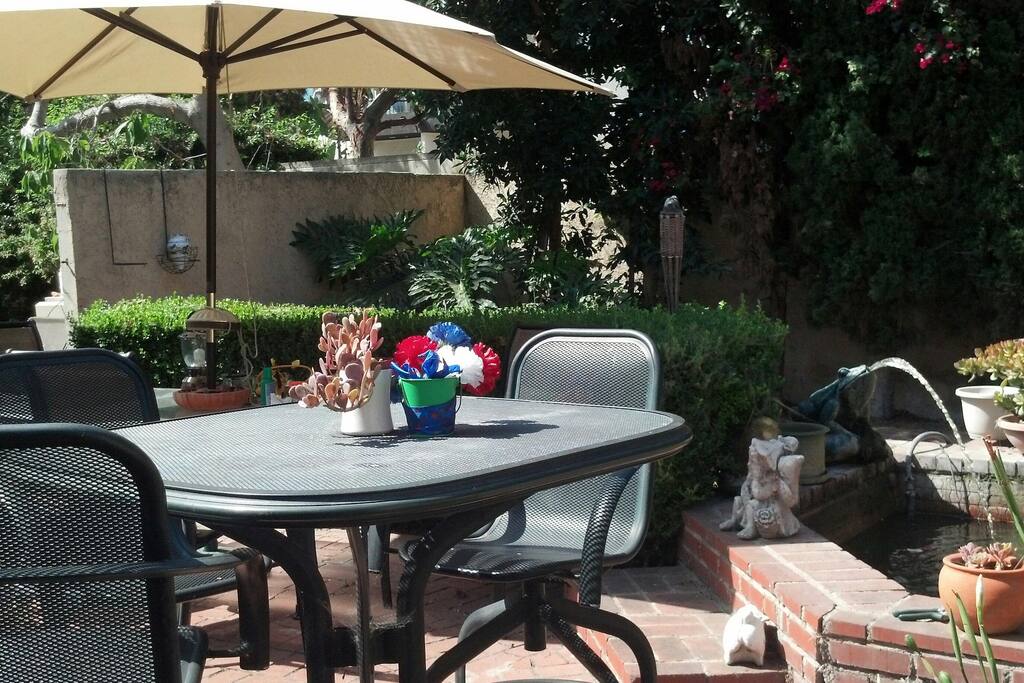 patio with pond