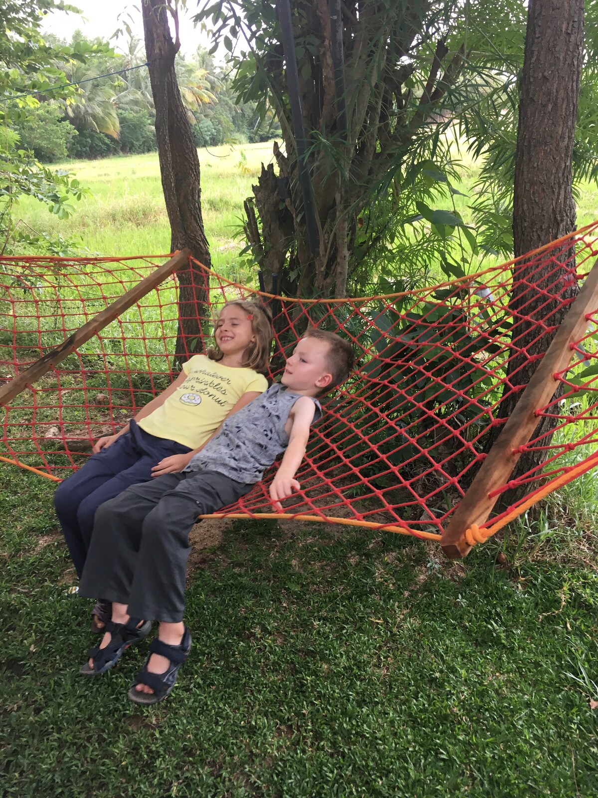 A vibrant orange hammock is suspended between two trees in a grassy area. Two children are resting comfortably on the hammock, surrounded by lush greenery and open fields in the background, creating a relaxed and inviting outdoor space.