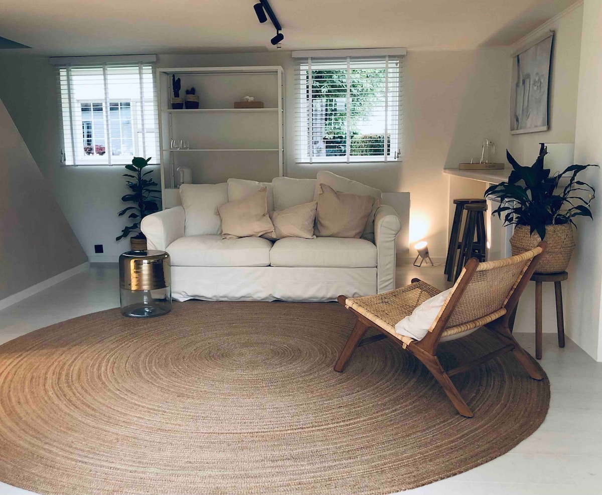 A bright, cozy living space features a white sofa with soft cushions facing a natural fiber area rug. Plants and a small shelf add greenery and character, while large windows provide ample natural light. A stylish wooden chair complements the decor.