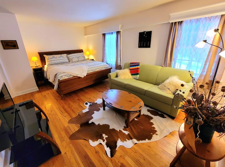 The North Bedroom has a king bed, sofa bed, walk-in closet,  full bathroom, and smart TV. 