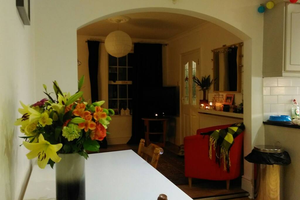 Spacious open plan living room and kitchen area.
