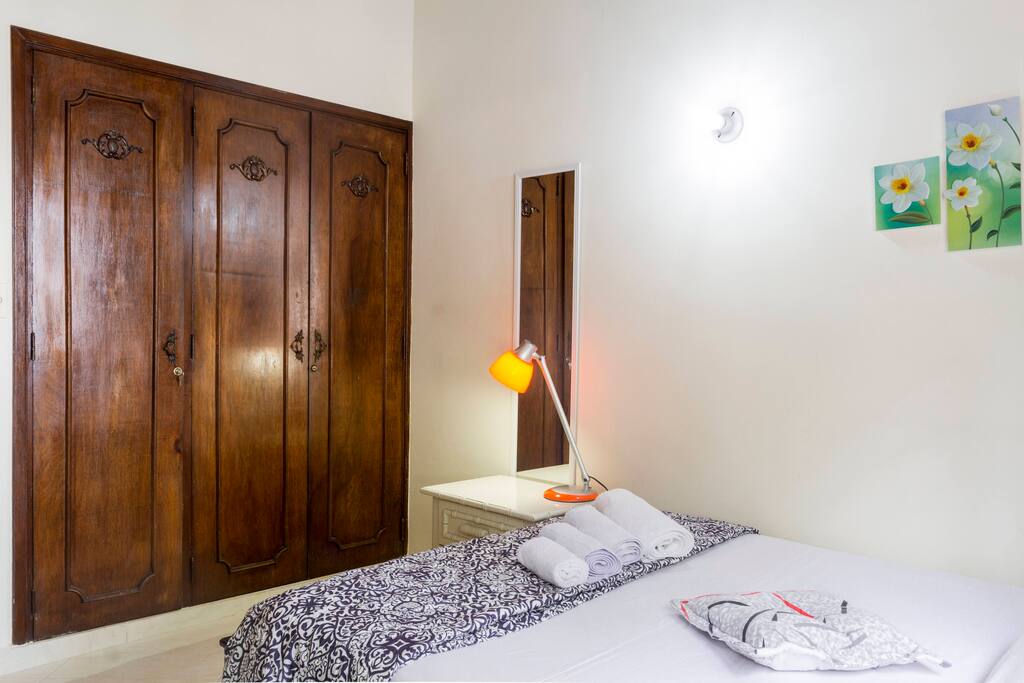 Your bedroom: Double bed, closet, desk/workspace, night stand, lamp, towels, blankets, soap, shampoo, lock on your bedroom door