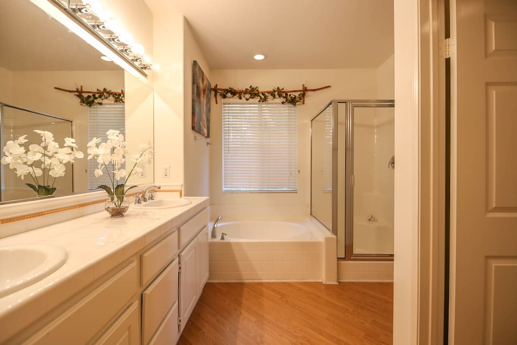 Master bath with tub, shower, dual sink