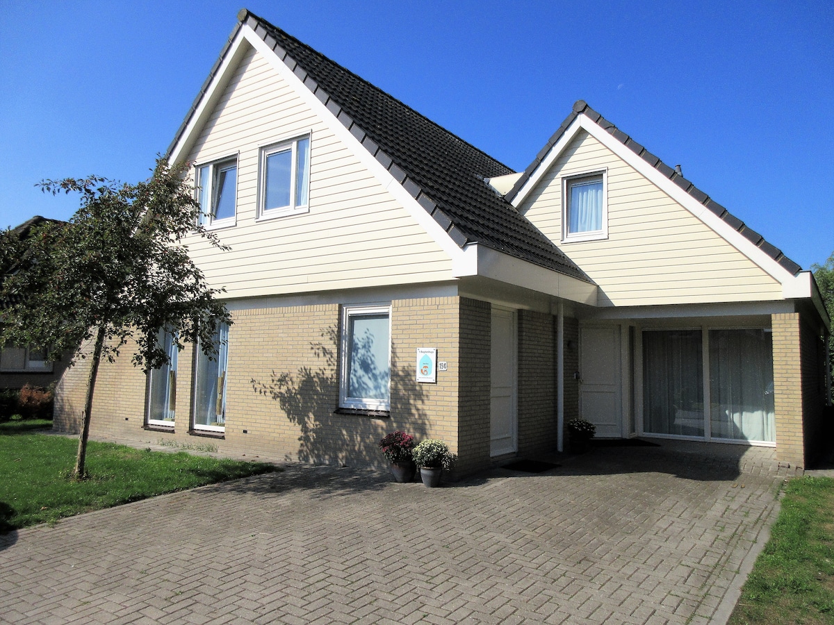 The exterior of a spacious two-story villa is displayed, featuring a neatly maintained garden and a paved driveway. Large windows allow for natural light, and the home's light-colored facade contrasts with the deep blue sky.