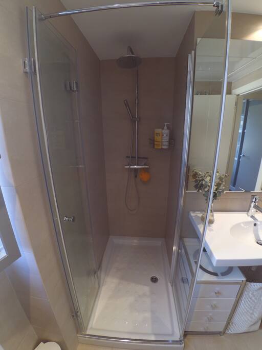 Spacious shower with rain shower head
