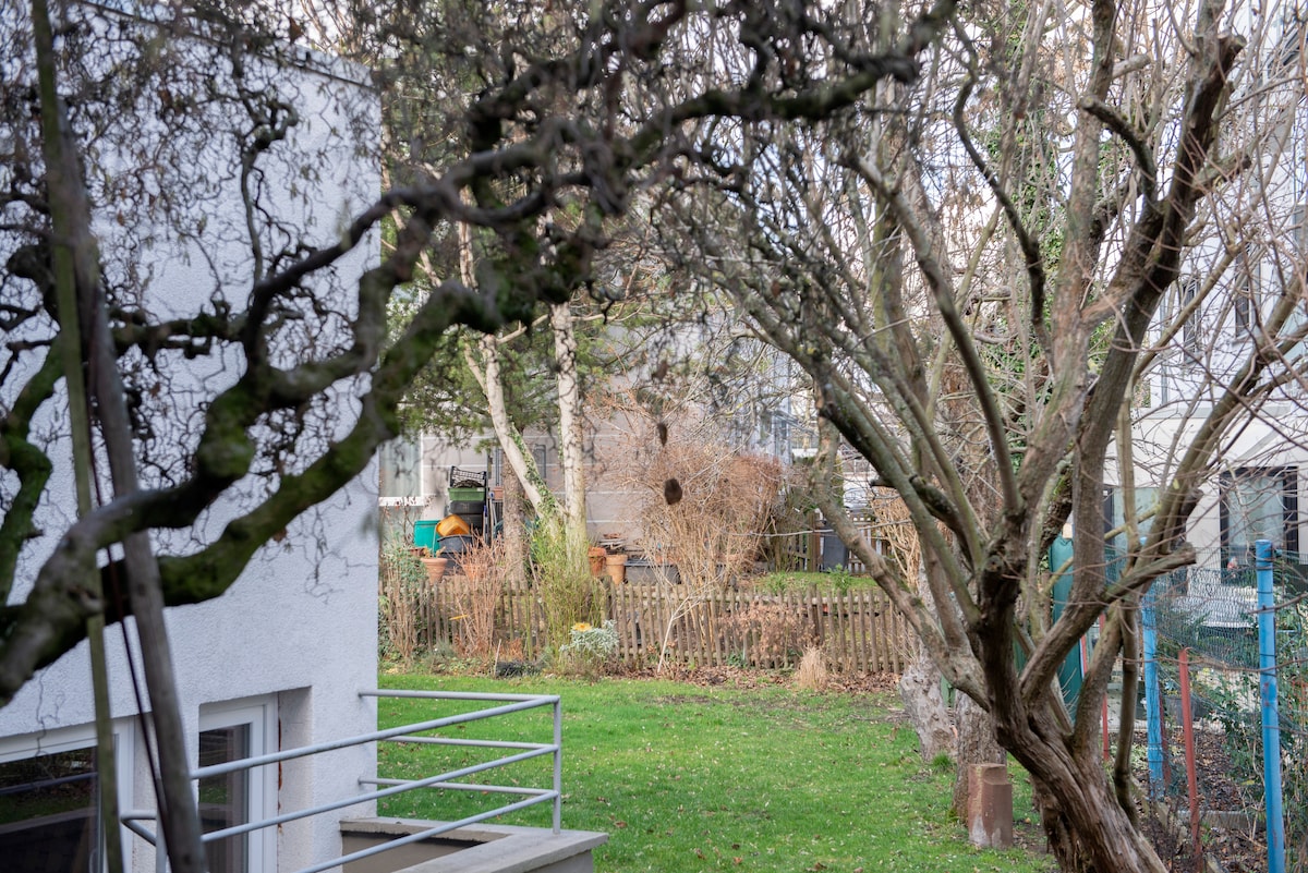 A view of the backyard is presented, showcasing a lush green lawn framed by bare tree branches. In the background, garden elements such as flower pots and a wooden fence are visible, contributing to a serene outdoor setting.