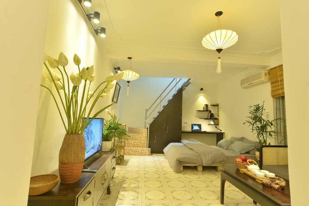 The living room and bedroom