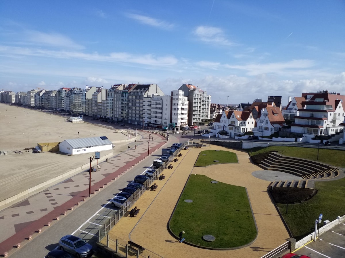 A coastal view showcases a wide sandy beach alongside a promenade lined with residential buildings. A grassy area features curving pathways and benches, inviting relaxation. The sky is bright with scattered clouds, providing a glimpse of the serene natural scenery.