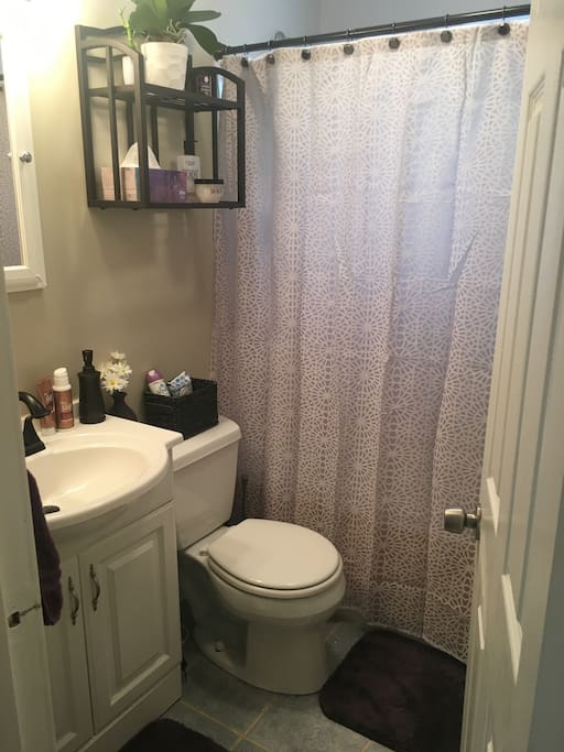 Shared main floor bathroom with toilet, sink, mirror, and bath tub/shower. Please bring your own shampoo, conditioner, toothpaste, and soap. We provide toilet paper, tissues, and air freshener.