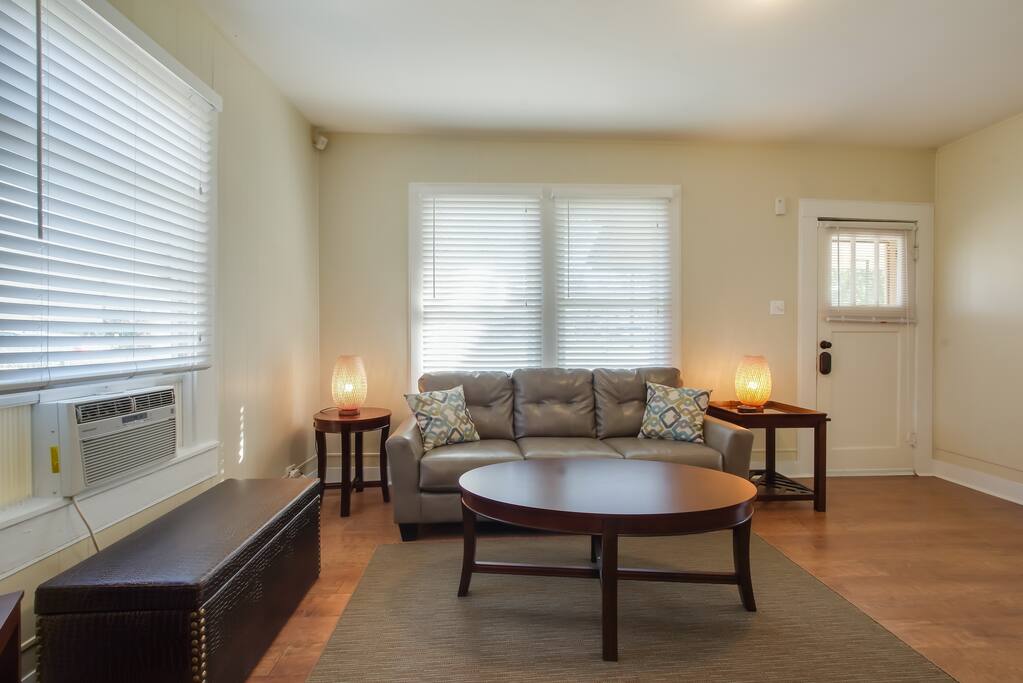 Family room with front door at rear right.