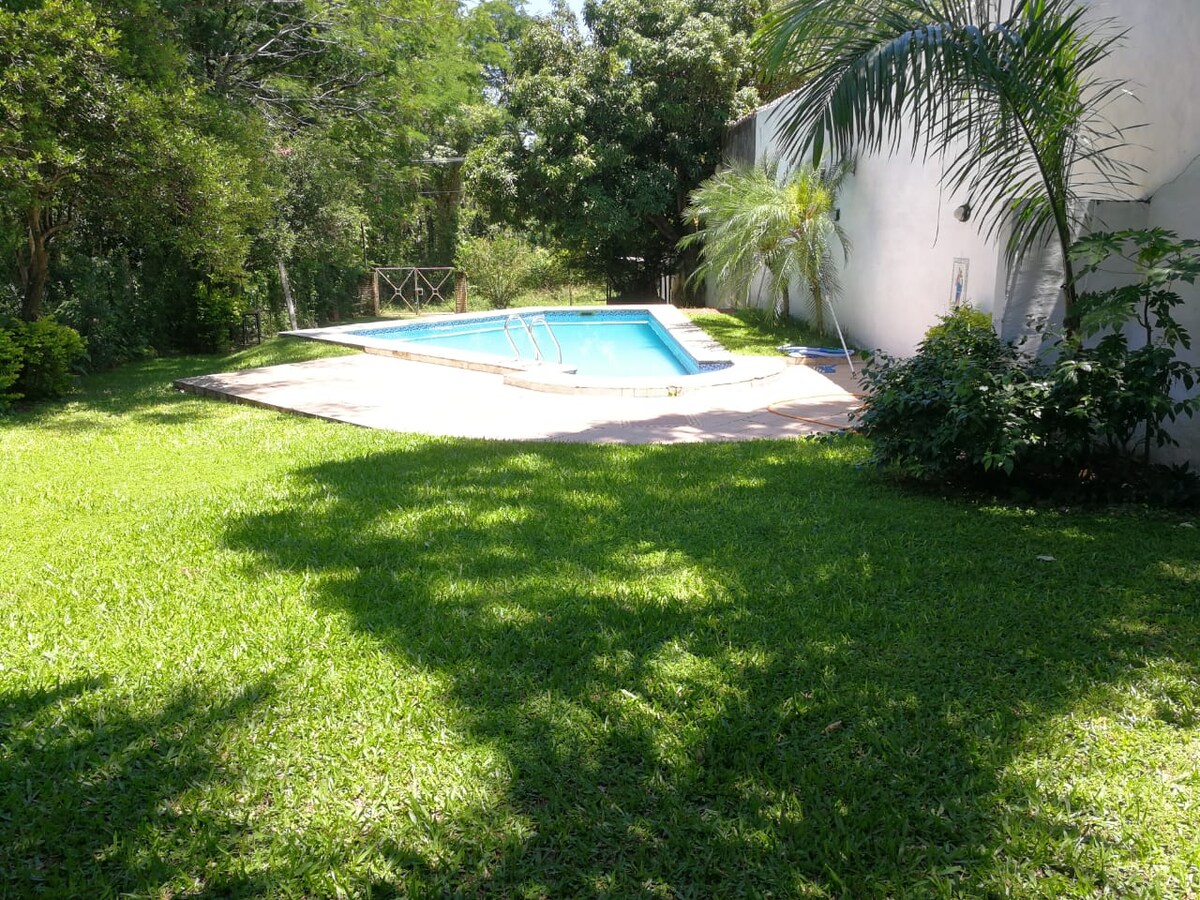 A serene outdoor area showcases a swimming pool surrounded by lush green grass. Sunlight filters through the trees, casting gentle shadows. The pool area is complemented by tropical plants and a wooden railing in the background, creating a peaceful setting for relaxation.