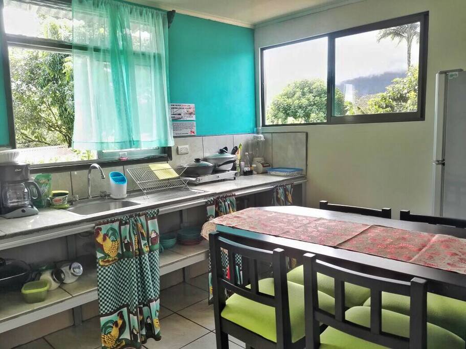 Full equipped kitchen (Appliances as: refrigerator, electric skillet, rice cooker, hot plate, coffeemaker, microwave, cookware and others)
We also give: sugar, salt, oil, coffee and tea!! ;)
