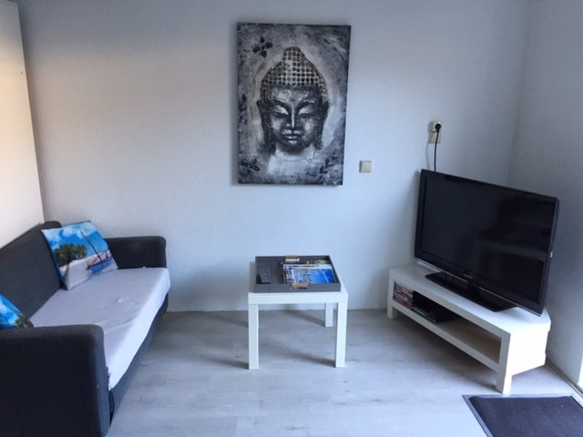 A compact living area features a dark gray sofa adorned with decorative cushions, positioned next to a white coffee table. A flat-screen television is mounted on a white media unit, providing a cozy entertainment space. A piece of wall art adds visual interest.